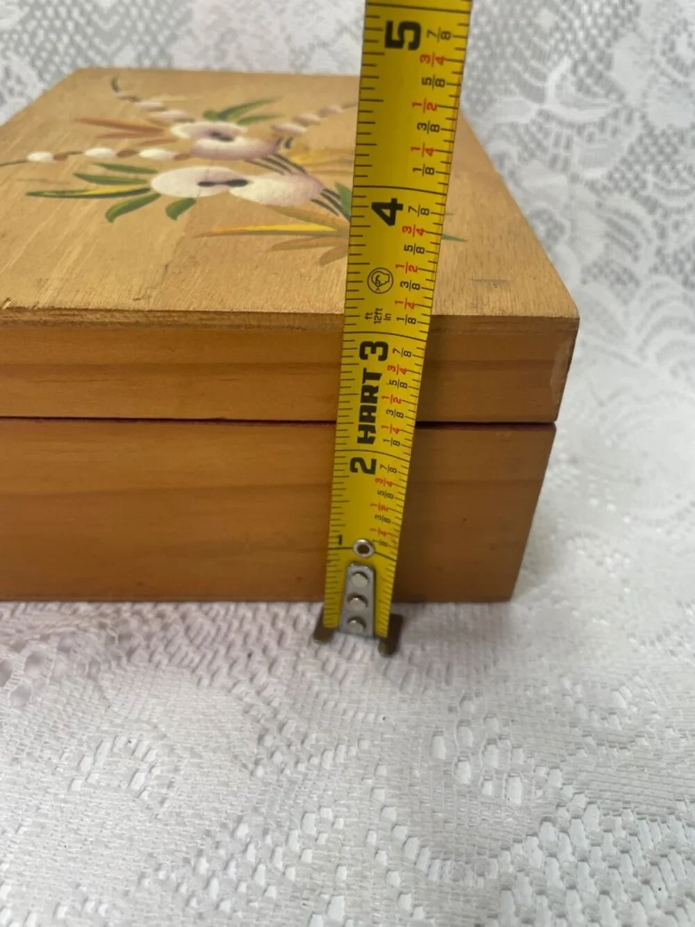 Handmade Wooden Jewelry Box With Floral Hand-Painted Design Red Felt Interior &
